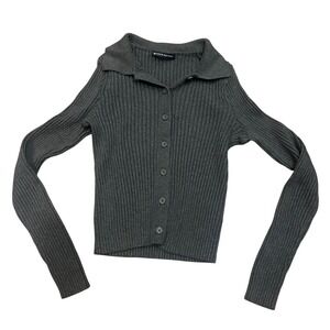 Brandy Melville Ribbed Knit Collar Button Up Cardigan Top Gray One Size